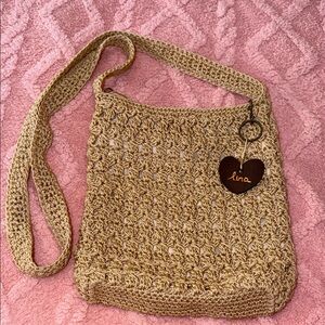 Lina Beige Crochet Straw Crossbody Bag with Wooden Heart Charm